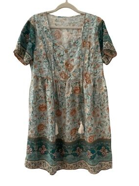 SHEIN Boho Floral Paisley Lace Trim Dress Tassel Accent Blue Orange L/XL